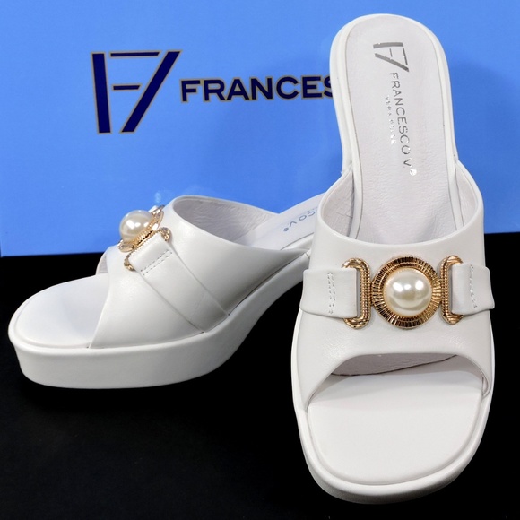 FRANCESCO V. 🇮🇹 WOMEN'S WHITE SOFT LEATHER PLATFORM COMFORT MULES - Picture 8 of 8